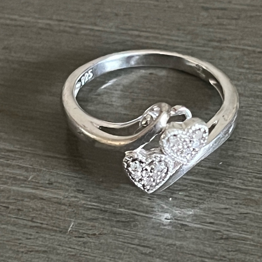 DIAMOND DOUBLE HEART STERLING SILVER 925 RING SIZE 7 VINTAGE TWO OF HEARTS